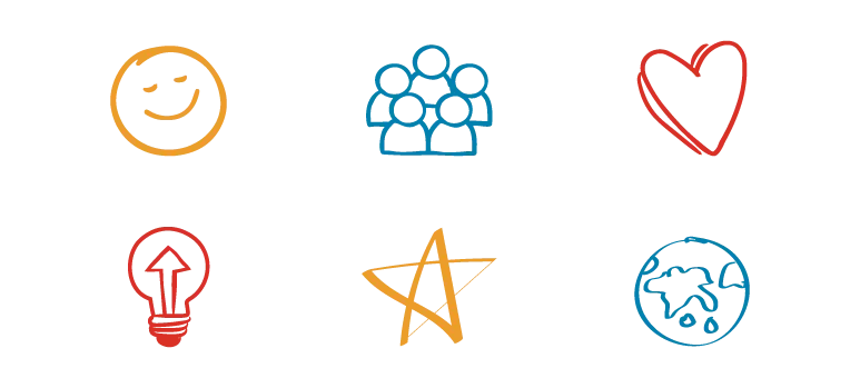 Six illustrated icons - face, group, heart, bulb, star and world